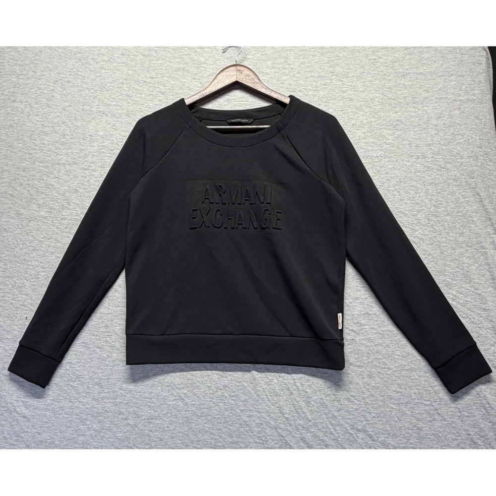 Armani Exchange Sweatshirt Womens Small Black Embossed Logo Design Raglan Sleeve